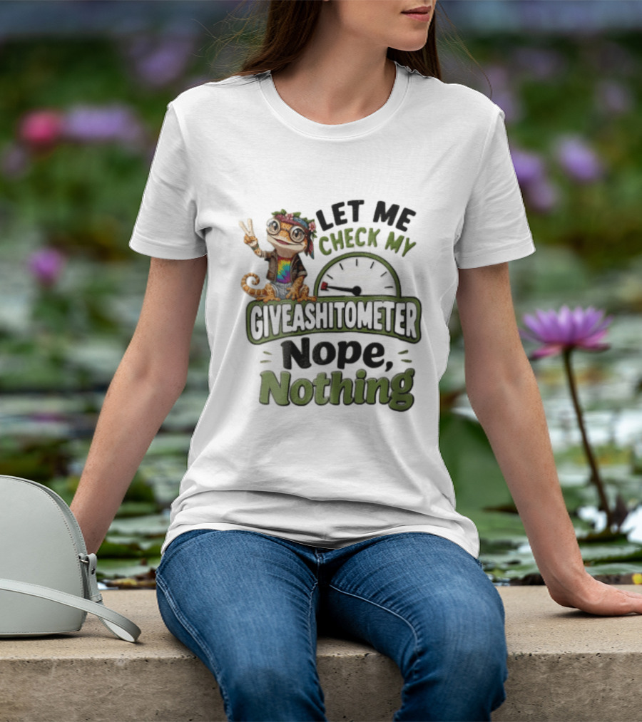 LET ME Check MY Giveashitometer Nope Nothing Cartoon Gecko Peace Sign T-Shirt