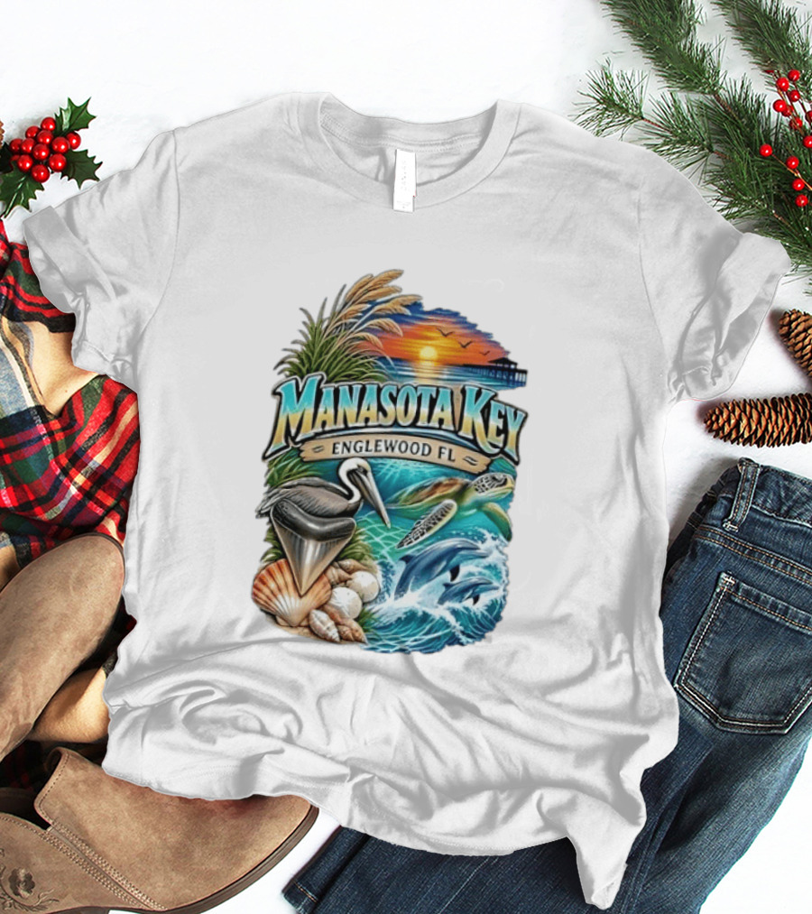 Manasota Key Englewood FL Beach Scene With Pelican Dolphins Shells And Sunset T-Shirt
