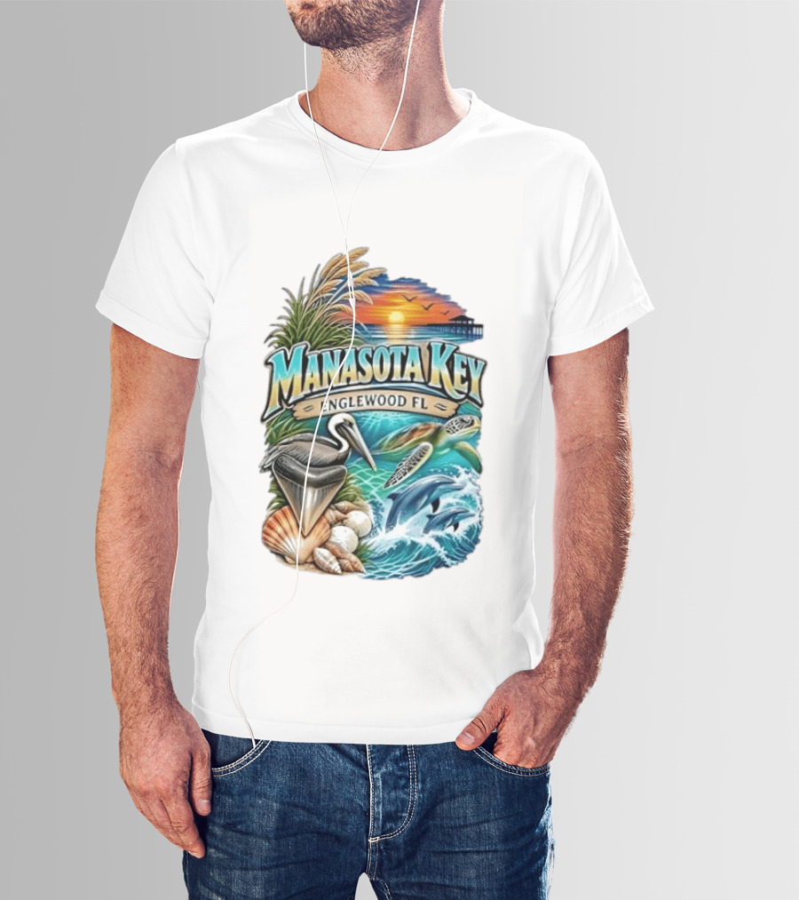 Manasota Key Englewood FL Beach Scene With Pelican Dolphins Shells And Sunset T-Shirt