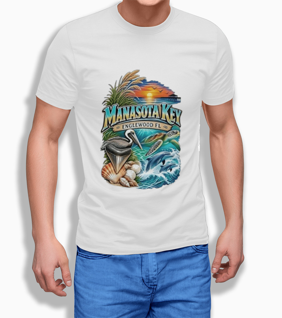 Manasota Key Englewood FL Beach Scene With Pelican Dolphins Shells And Sunset T-Shirt