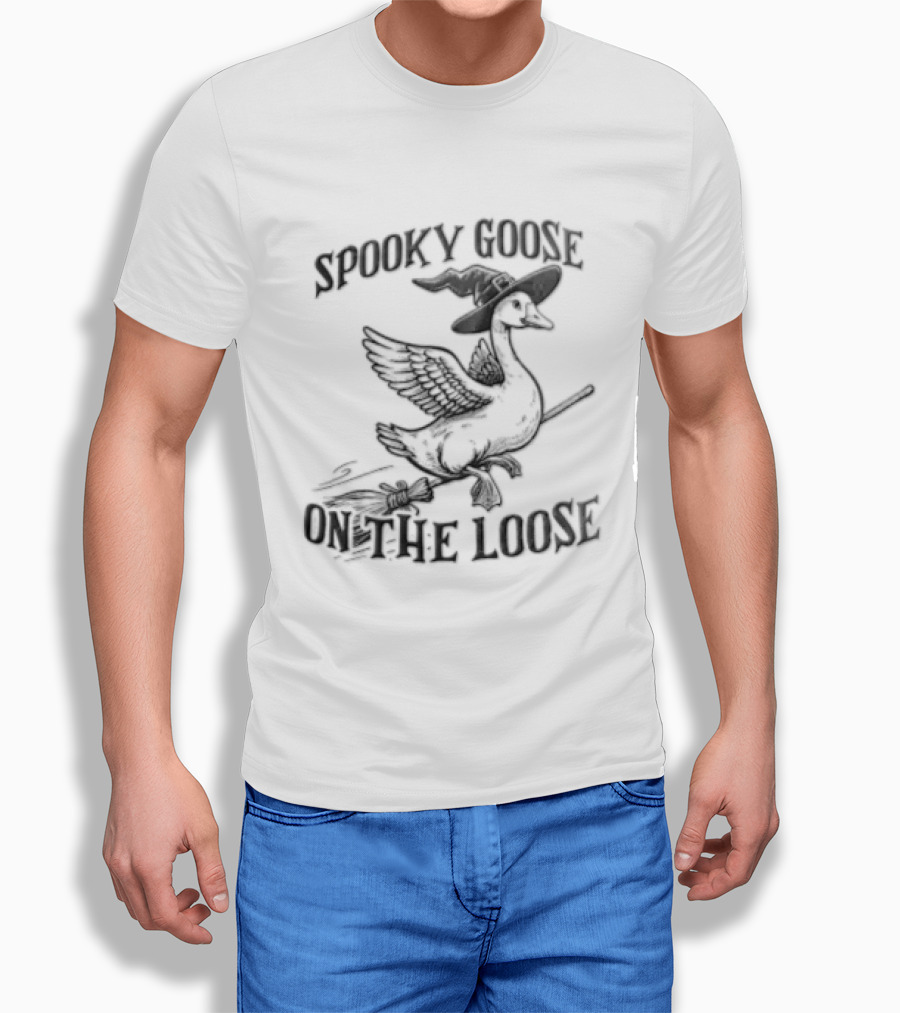Spooky Goose On The Loose Halloween Witch Hat Broomstick T-Shirt