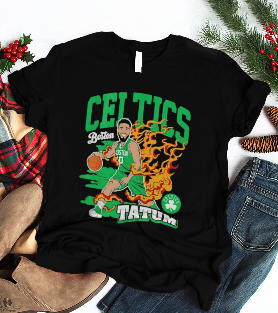 Boston Celtics Jayson Tatum Fired Up Basketball Flames T-Shirt