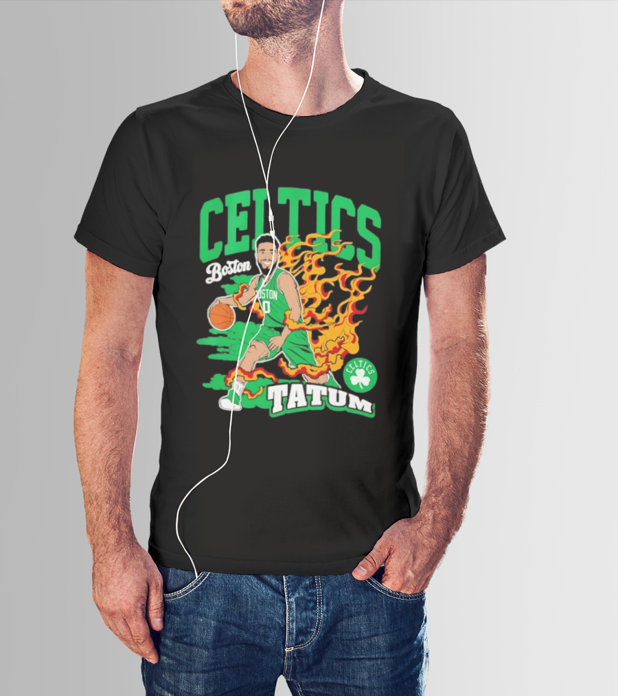 Boston Celtics Jayson Tatum Fired Up Basketball Flames T-Shirt