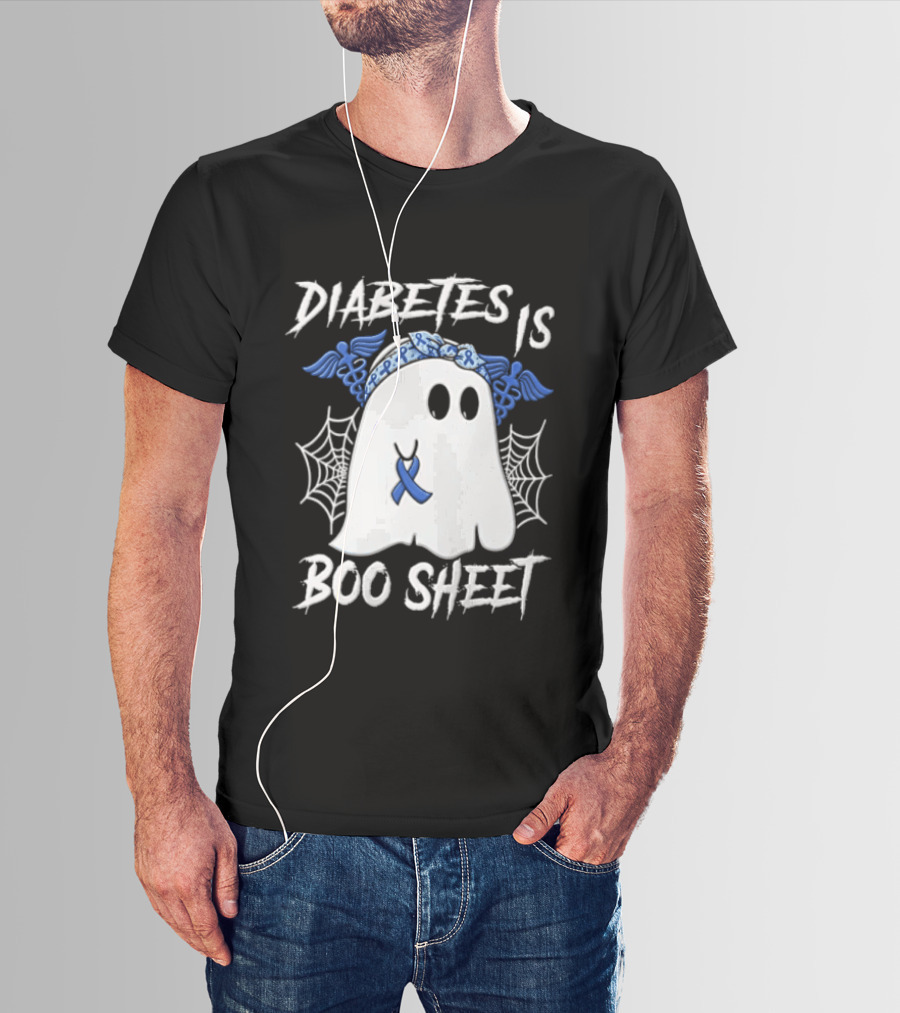 Diabetes IS BOO Sheet Ghost With Blue Ribbon Headband Halloween T-Shirt