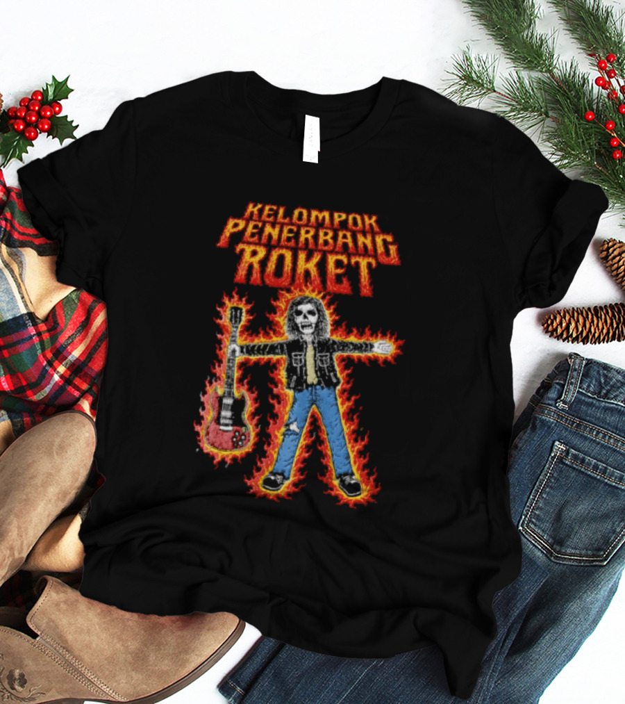 Kelompok Penerbang Roket Skeleton Guitarist In Flames Keegan Records T-Shirt