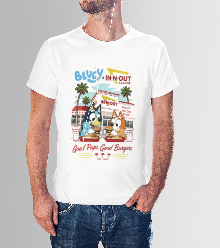 Bluey X In N Out Burger Good Pups Good Burgers Palm Tree Friends Eating T-Shirt