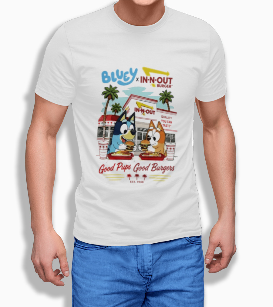 Bluey X In N Out Burger Good Pups Good Burgers Palm Tree Friends Eating T-Shirt