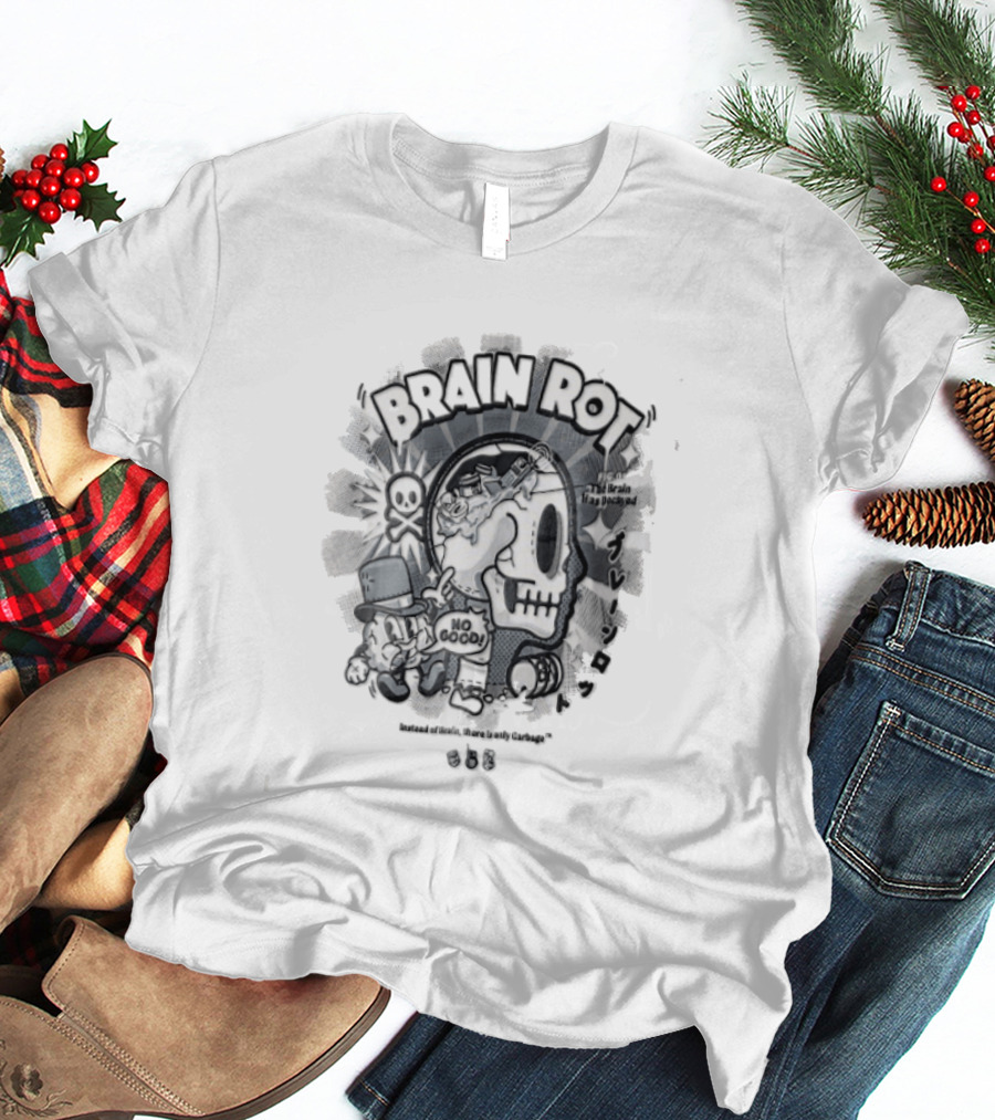 BRAIN ROT Skull Top Hat No Good Text Vintage Cartoon T-Shirt