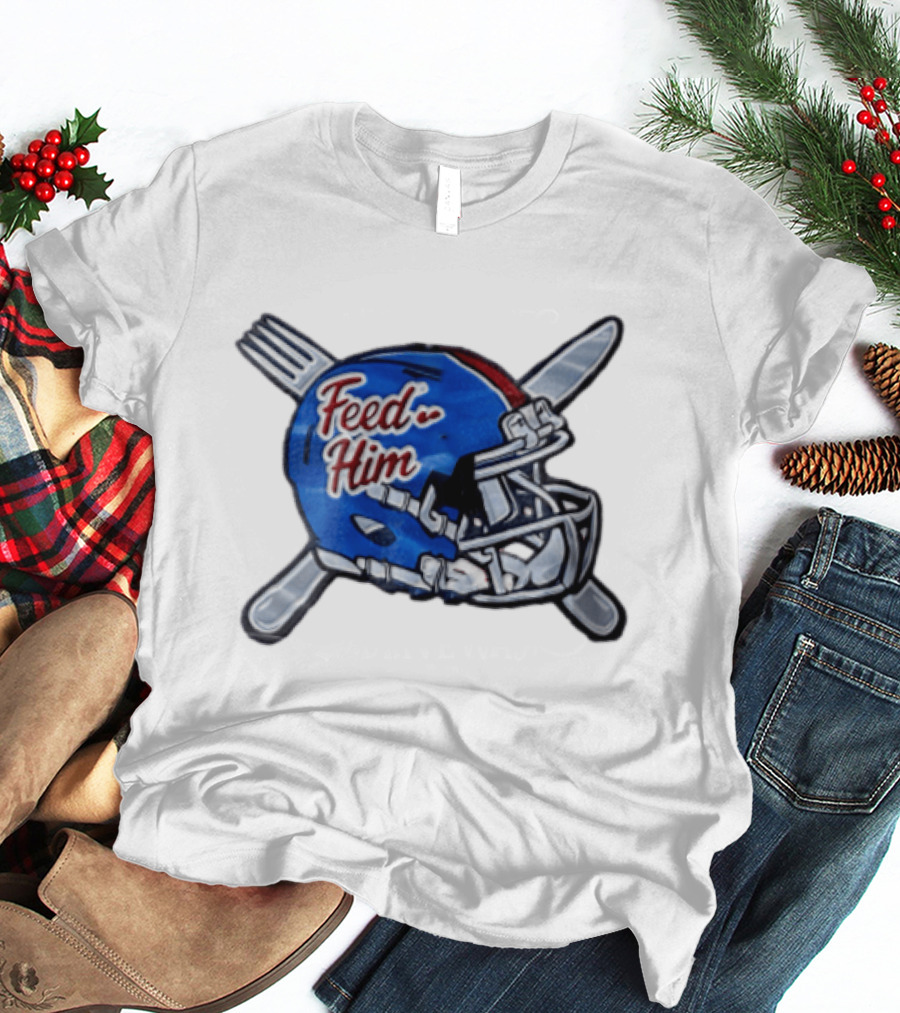 Feed Him Blue Football Helmet Crossed Utensils Fork Knife T-Shirt