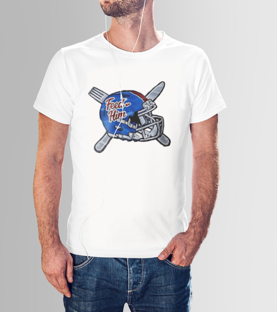 Feed Him Blue Football Helmet Crossed Utensils Fork Knife T-Shirt