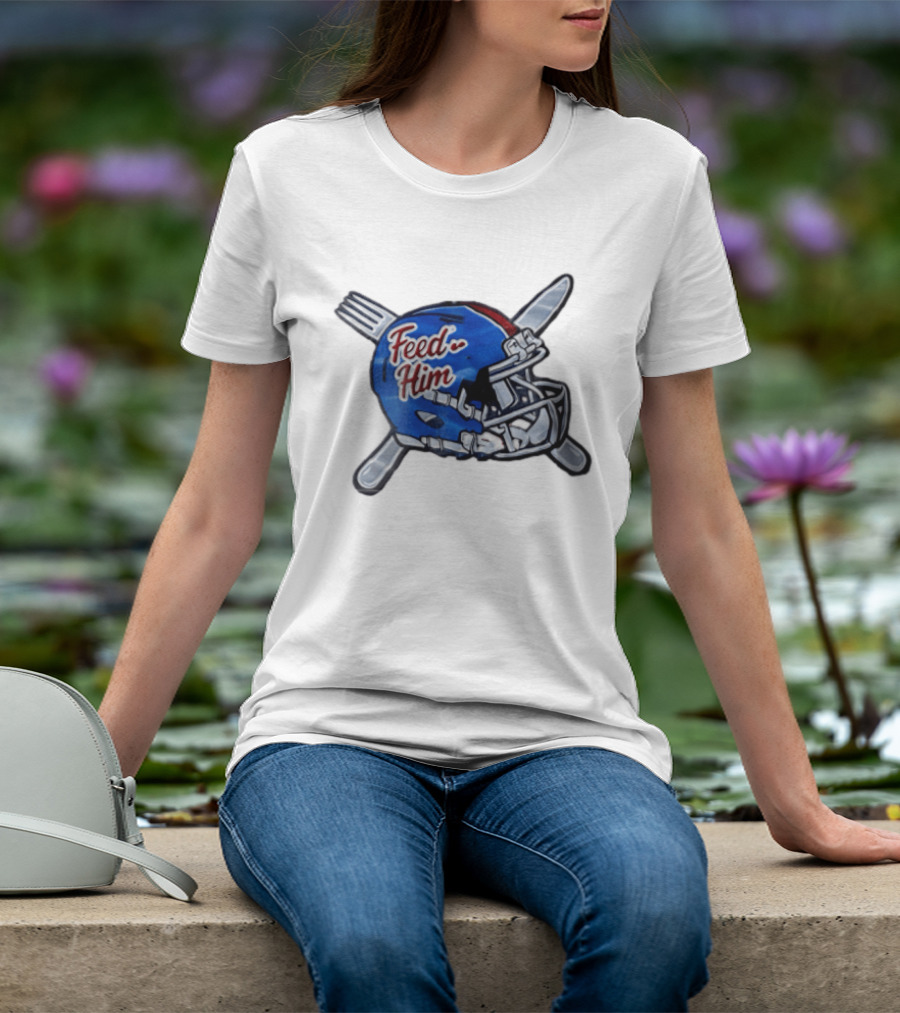 Feed Him Blue Football Helmet Crossed Utensils Fork Knife T-Shirt