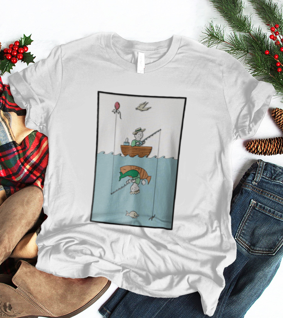 Fisherman In Boat Catching Hidden Mermaid With Fishing Line T-Shirt