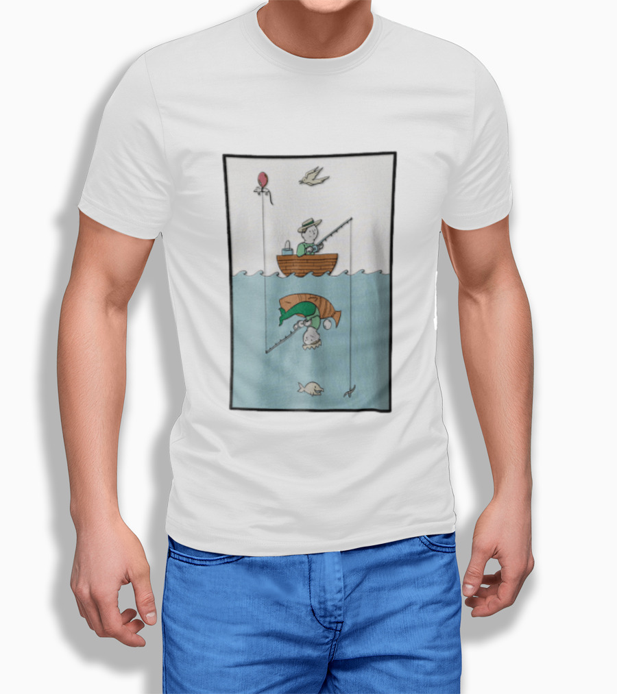Fisherman In Boat Catching Hidden Mermaid With Fishing Line T-Shirt