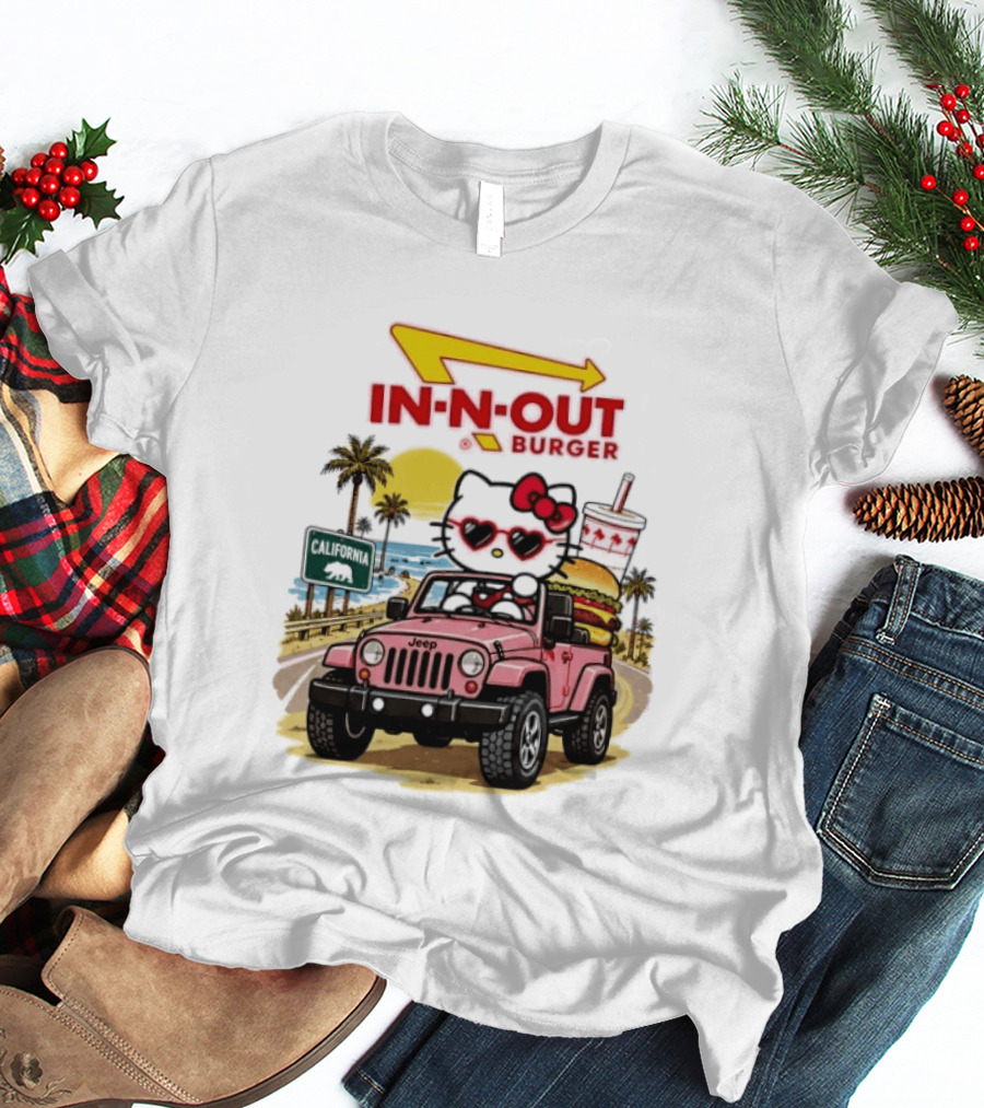 Hello Kitty In Pink Jeep With In N Out Burger California Adventure T-Shirt