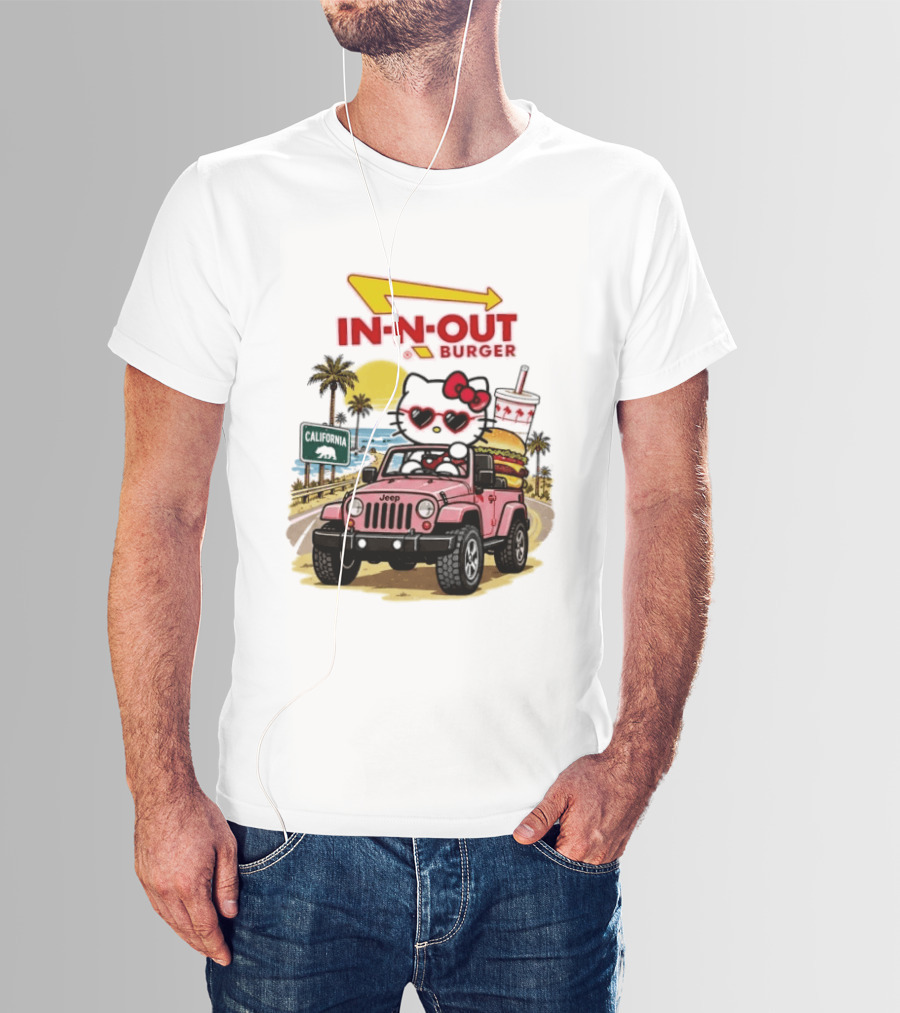 Hello Kitty In Pink Jeep With In N Out Burger California Adventure T-Shirt