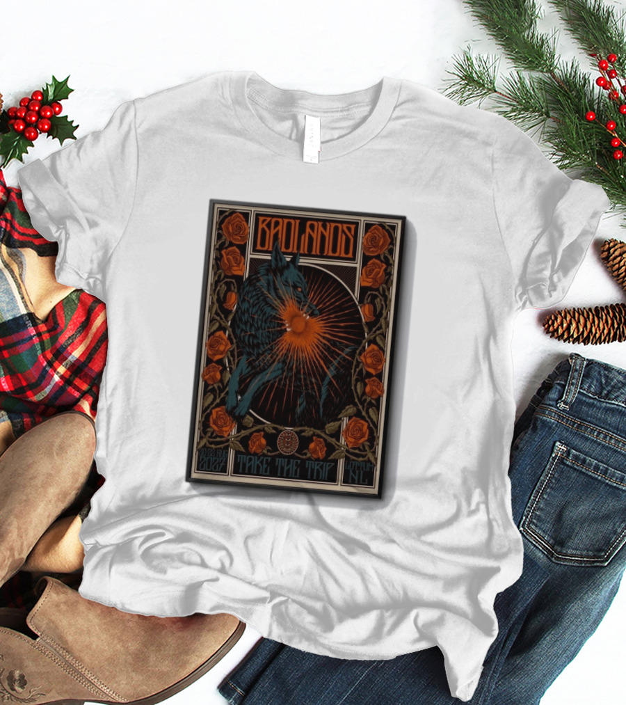 BADLANDS Festival Aug 20 22 2027 Take The Trip Stokterweg 14 Lottum Netherlands Retro Wolf And Roses T-Shirt