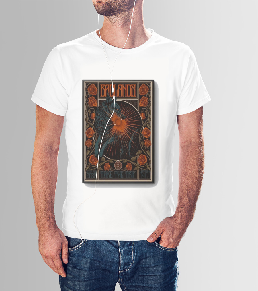 BADLANDS Festival Aug 20 22 2027 Take The Trip Stokterweg 14 Lottum Netherlands Retro Wolf And Roses T-Shirt