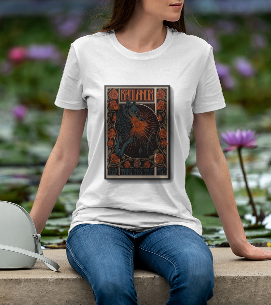 BADLANDS Festival Aug 20 22 2027 Take The Trip Stokterweg 14 Lottum Netherlands Retro Wolf And Roses T-Shirt