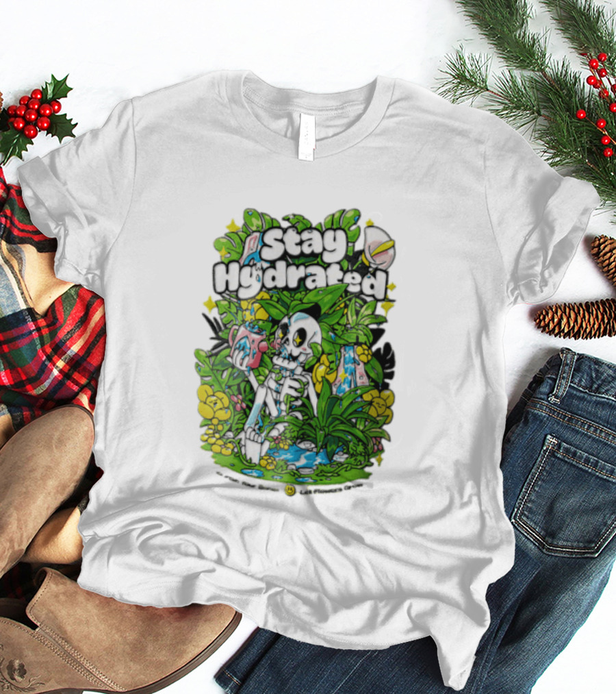 Stay Hydrated Quirky Skeleton Watering Lush Greenery And Flowers T-Shirt