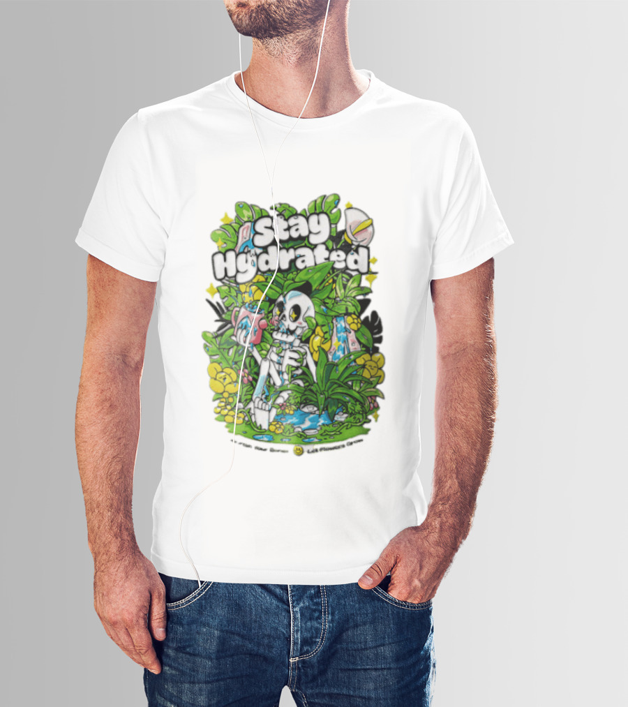 Stay Hydrated Quirky Skeleton Watering Lush Greenery And Flowers T-Shirt