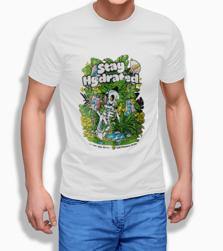 Stay Hydrated Quirky Skeleton Watering Lush Greenery And Flowers T-Shirt