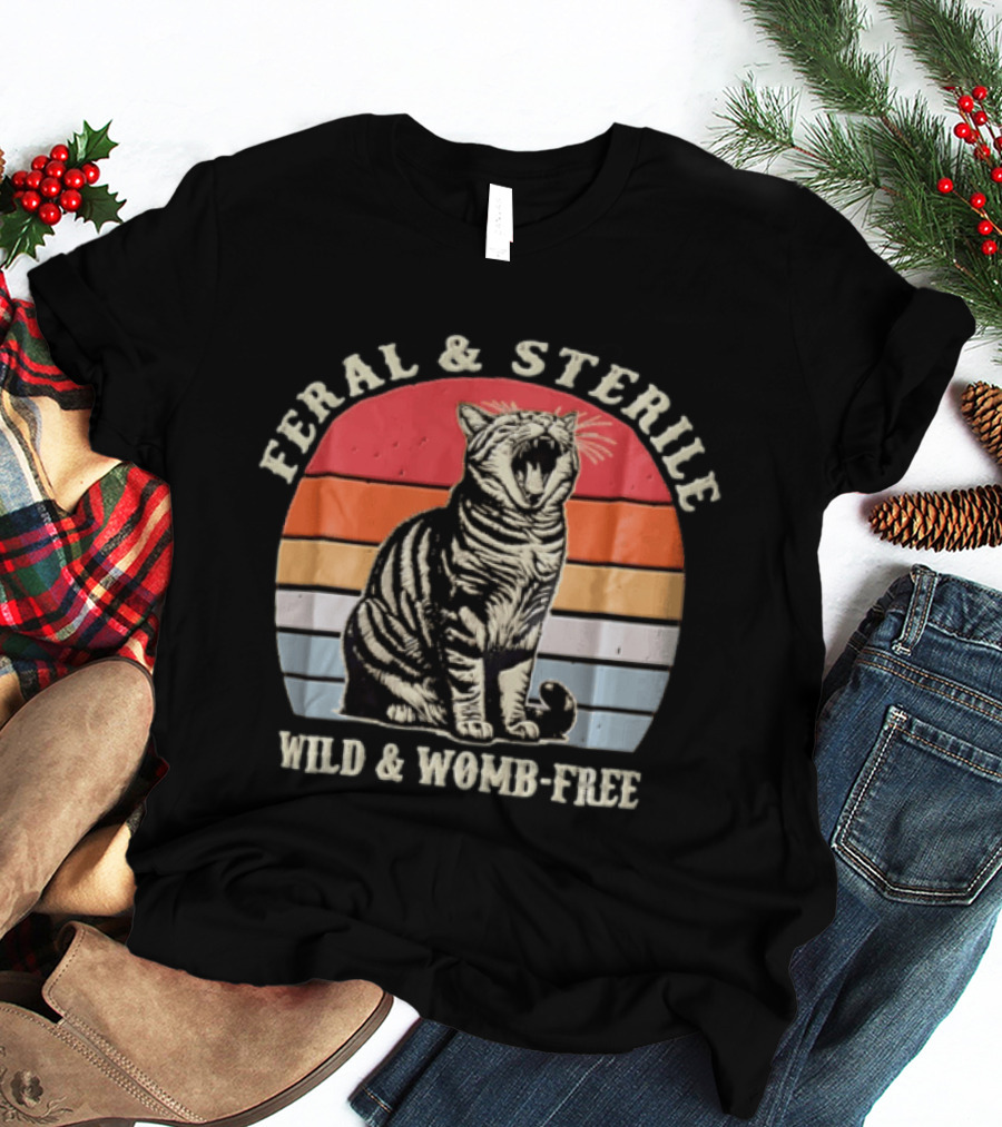 Feral And Sterile Yawning Tabby Cat Wild And Womb Free Sunset Stripes T-Shirt
