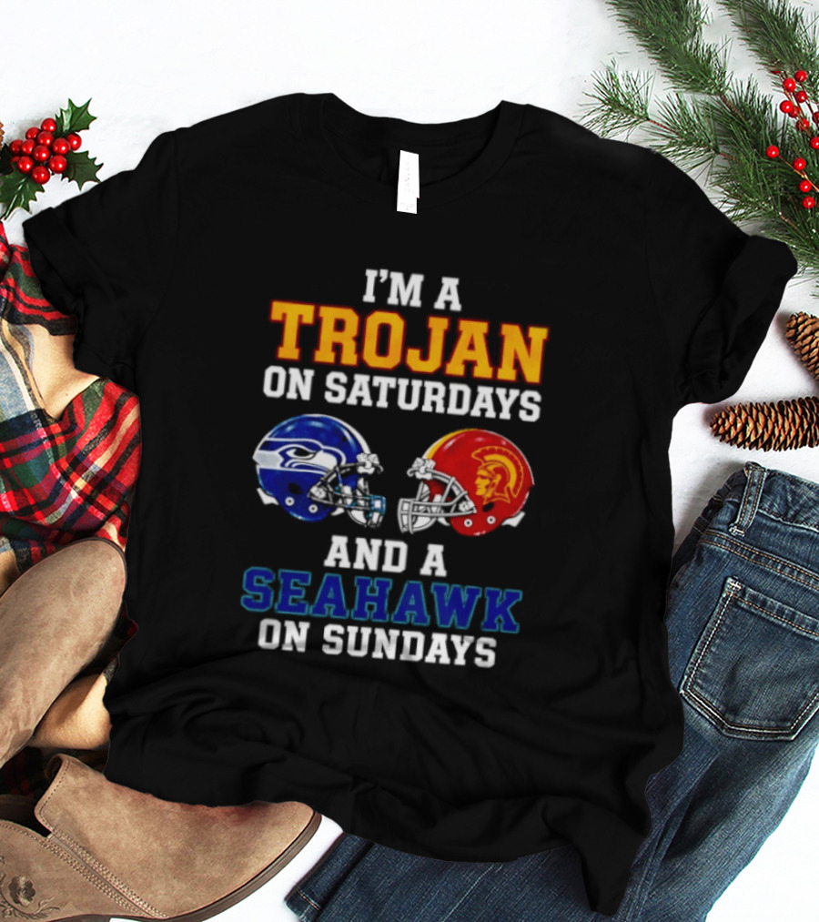 I'm A Trojan On Saturdays And A Seahawk On Sundays Football Helmets T-Shirt