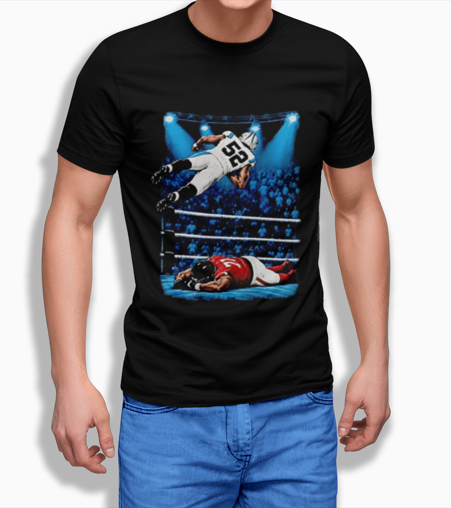 Football Player 52 Jumping Over Opponent In Wrestling Ring Spotlight Crowd T-Shirt