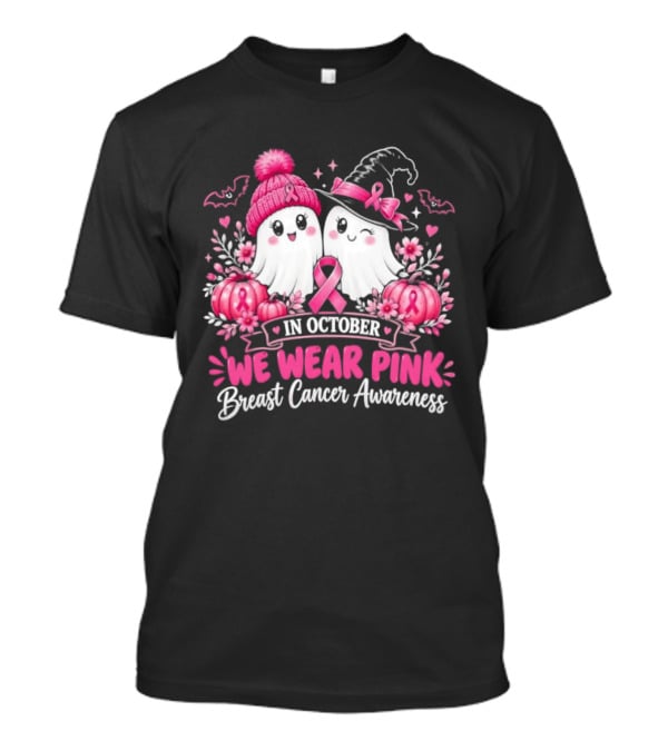 In October We Wear Pink Breast Cancer Awareness Ghost Pumpkin Witch T-Shirt