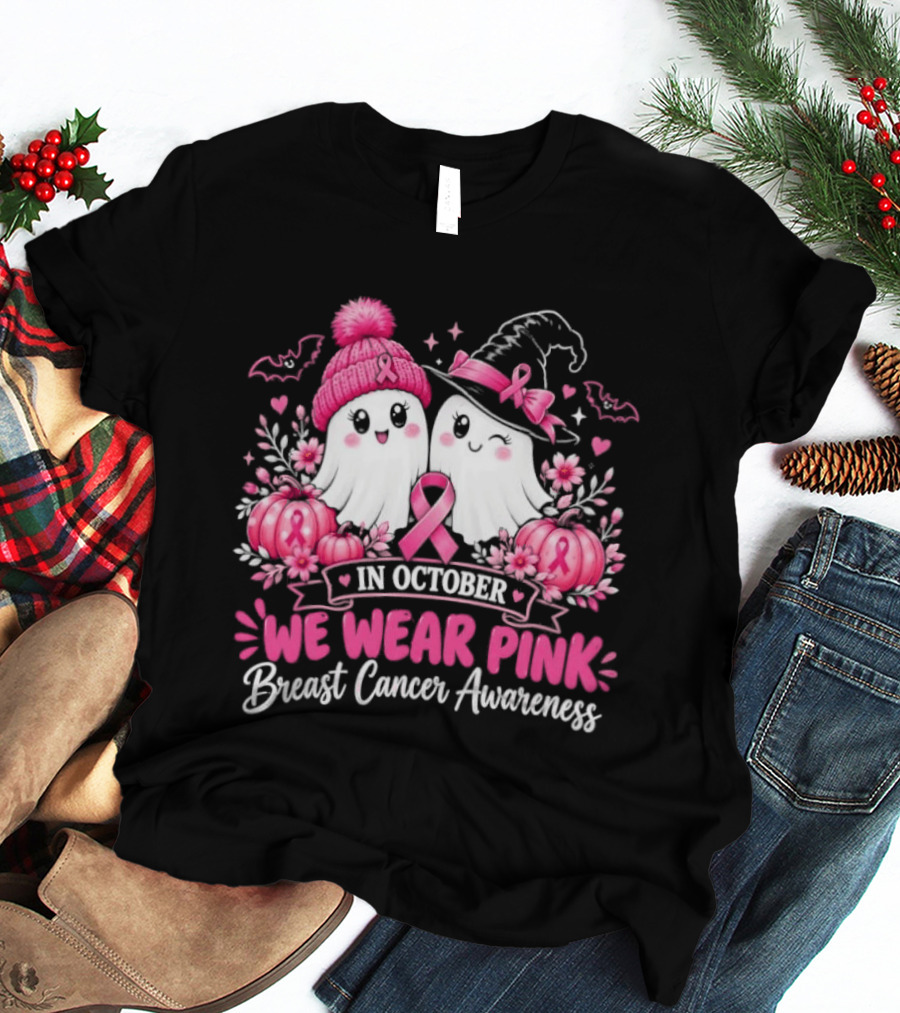 In October We Wear Pink Breast Cancer Awareness Ghost Pumpkin Witch T-Shirt