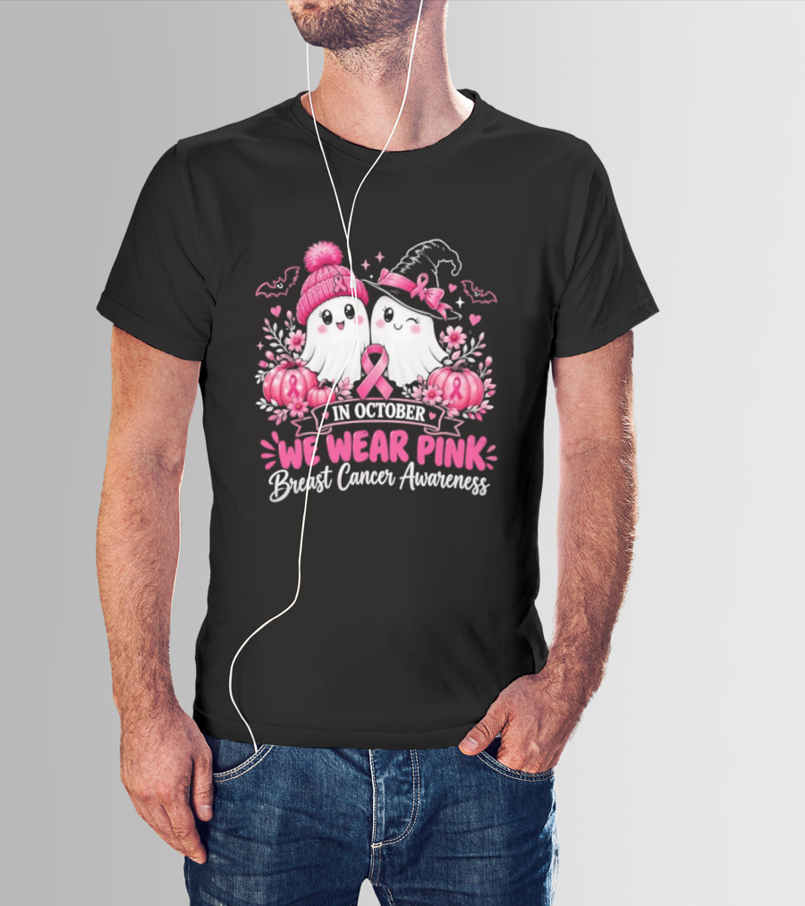 In October We Wear Pink Breast Cancer Awareness Ghost Pumpkin Witch T-Shirt