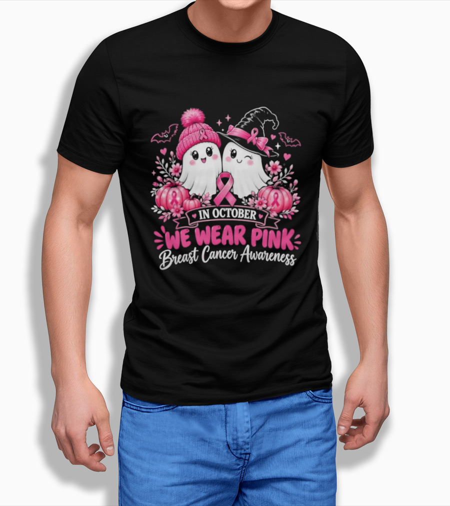 In October We Wear Pink Breast Cancer Awareness Ghost Pumpkin Witch T-Shirt