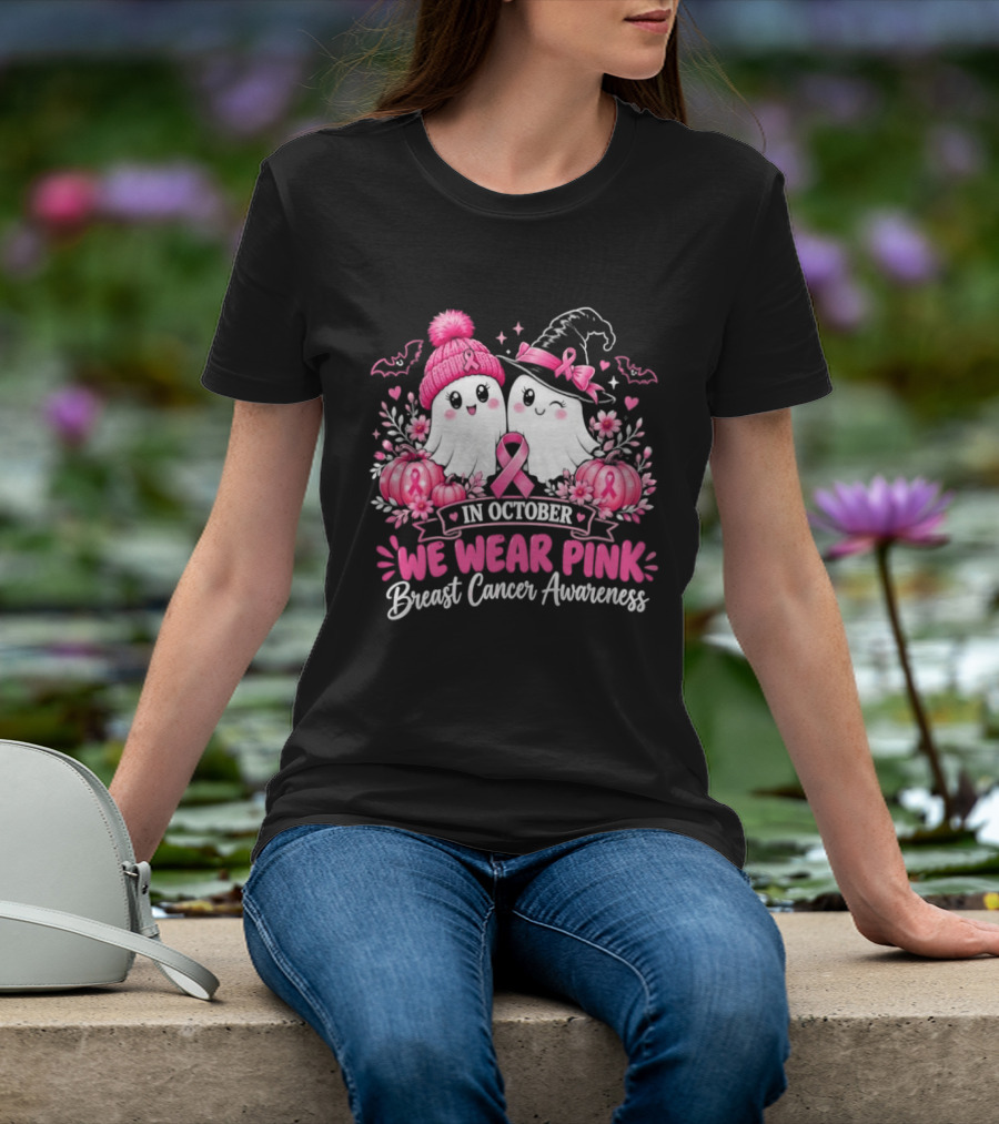 In October We Wear Pink Breast Cancer Awareness Ghost Pumpkin Witch T-Shirt