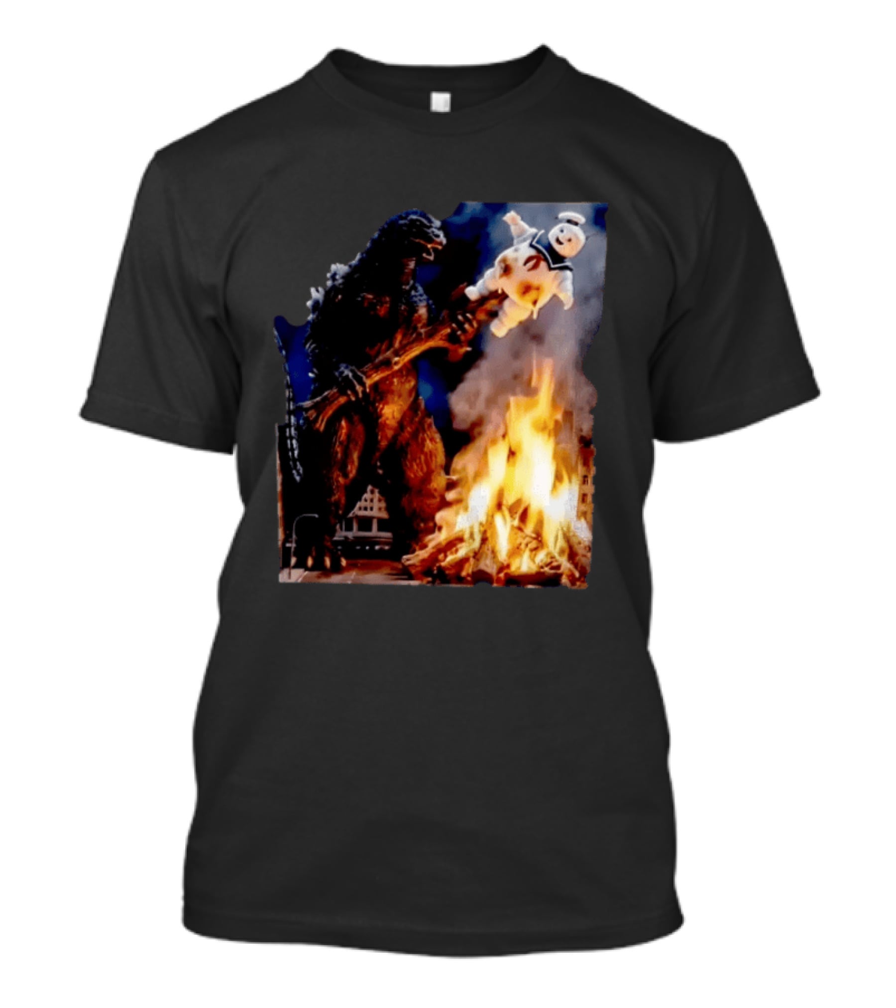 Kaiju Campfire Godzilla Holding Stay Puft Marshmallow Man T-Shirt