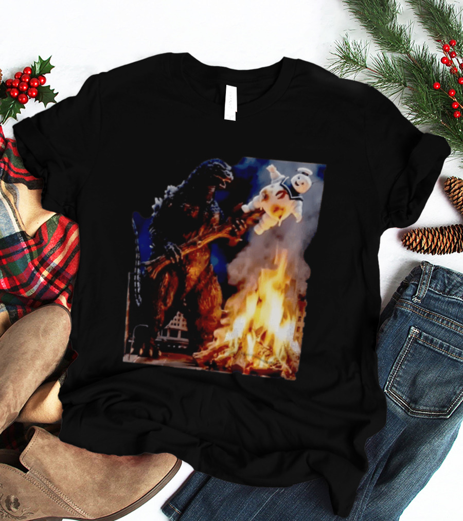 Kaiju Campfire Godzilla Holding Stay Puft Marshmallow Man T-Shirt