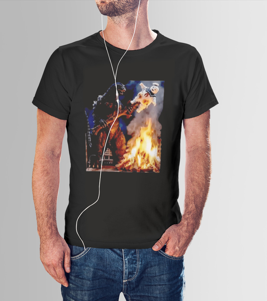 Kaiju Campfire Godzilla Holding Stay Puft Marshmallow Man T-Shirt