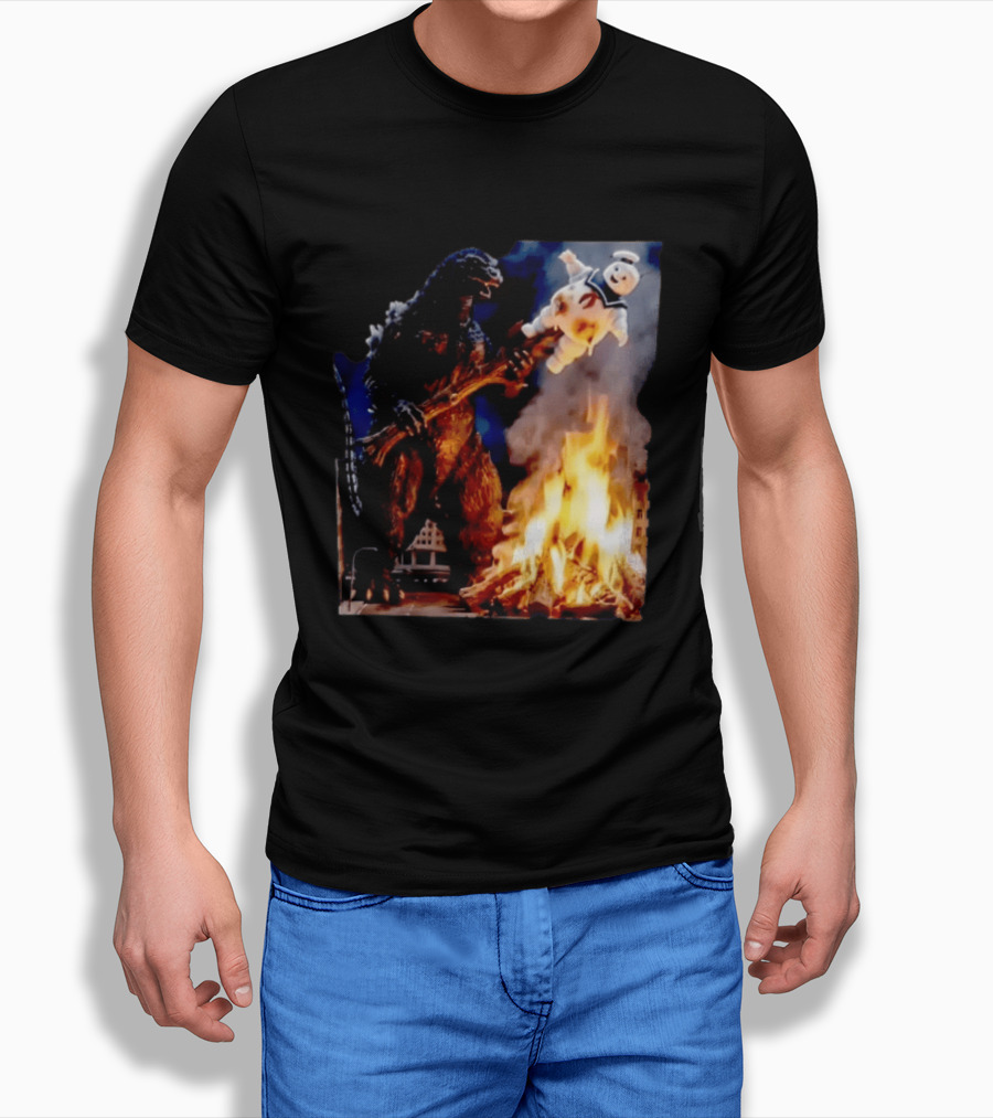 Kaiju Campfire Godzilla Holding Stay Puft Marshmallow Man T-Shirt