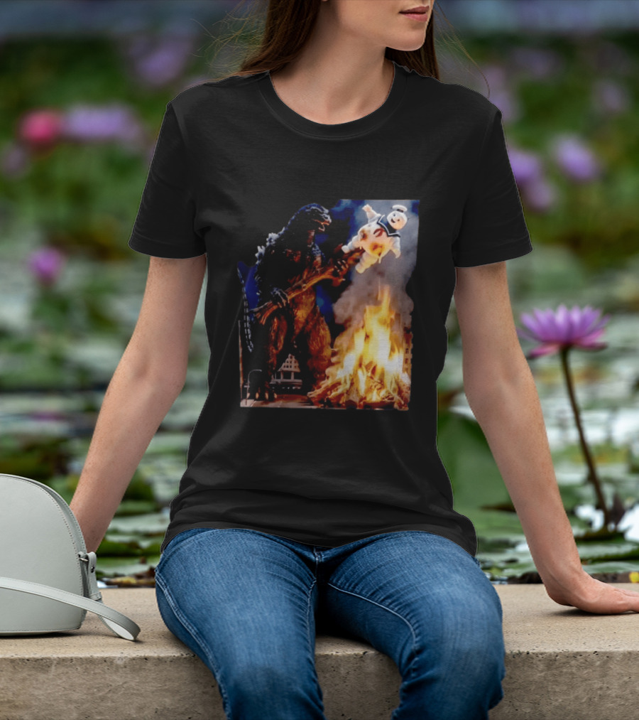 Kaiju Campfire Godzilla Holding Stay Puft Marshmallow Man T-Shirt