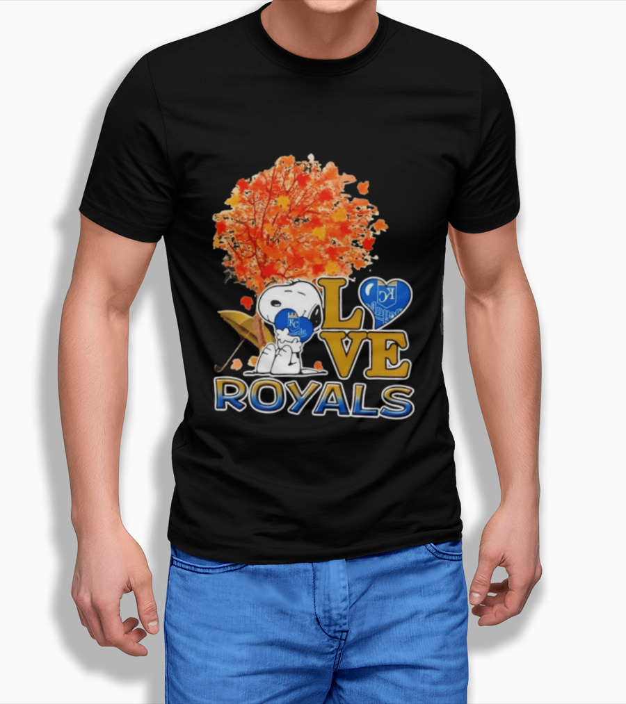 KC Royals Love Snoopy Hug Heart Peanuts Baseball Fall Tree T-Shirt