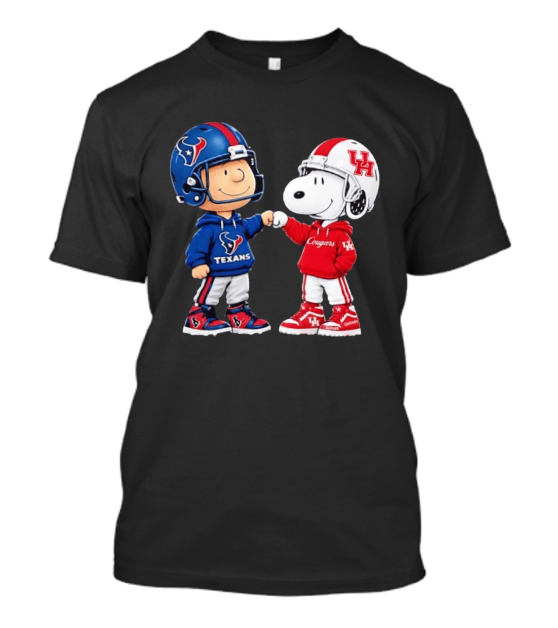 Peanuts Snoopy And Charlie Brown Houston Texans Vs Houston Cougars Fan Gear T-Shirt