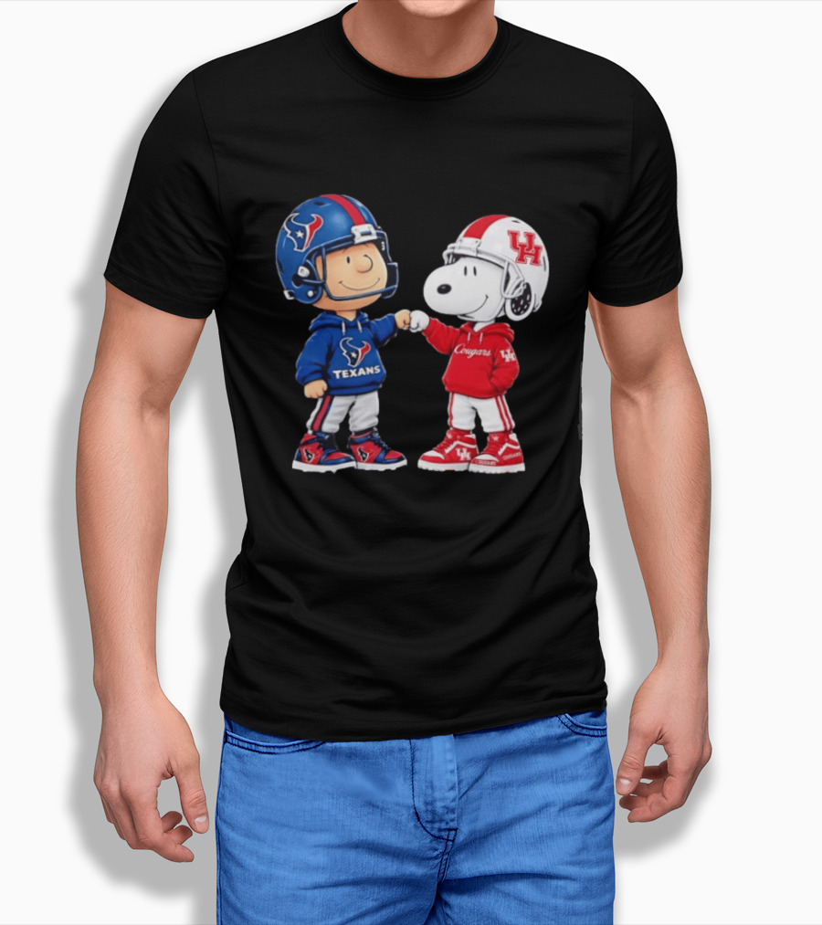 Peanuts Snoopy And Charlie Brown Houston Texans Vs Houston Cougars Fan Gear T-Shirt