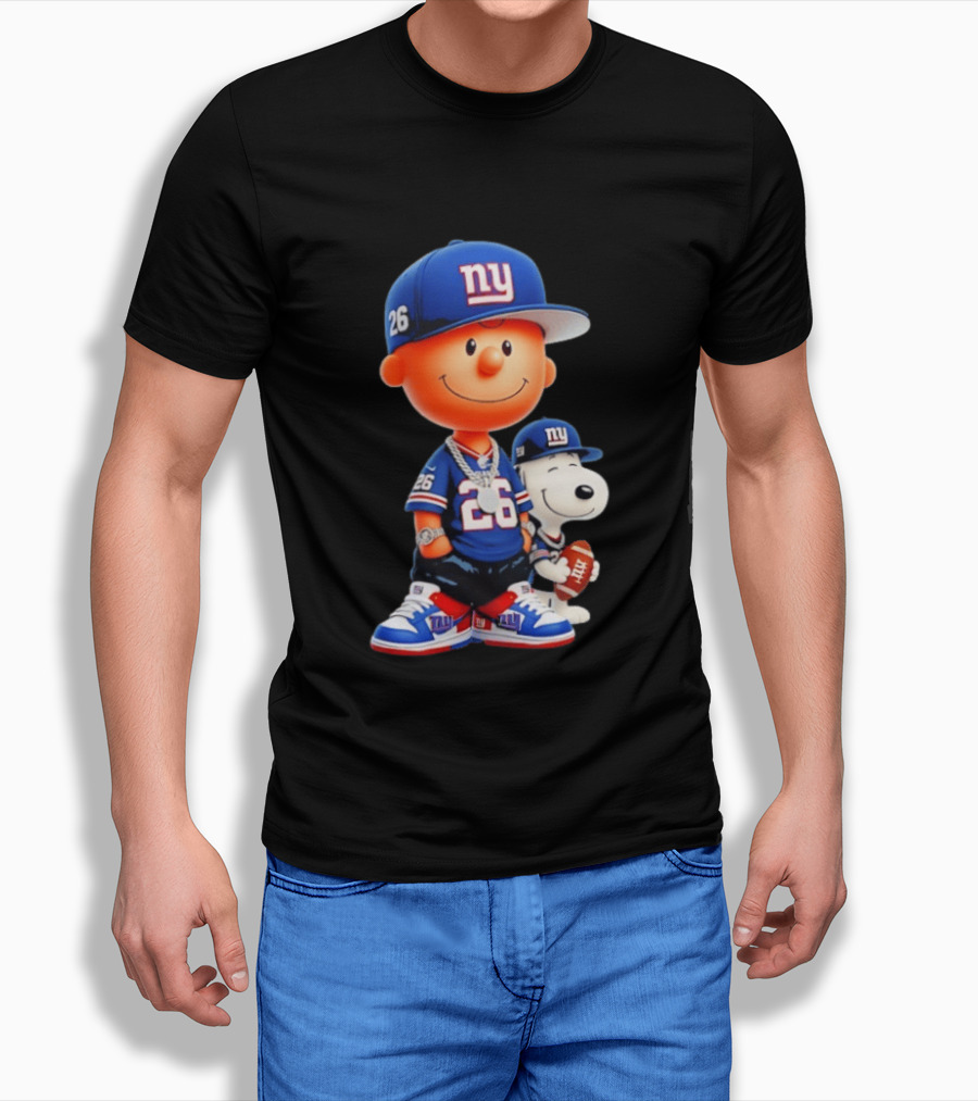 Peanuts Characters In New York Giants Team Sportswear T-Shirt