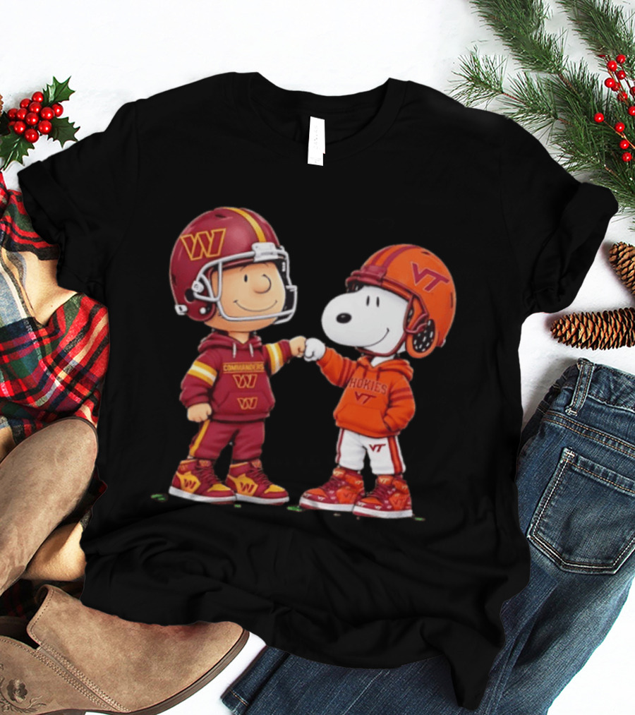 Peanuts Snoopy Charlie Brown Washington Commanders Virginia Tech Hokies Collaboration Fist Bump T-Shirt