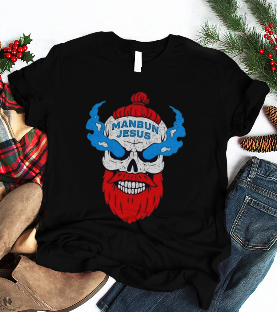 Manbun Jesus Skull Blue Flames Red Beard T-Shirt