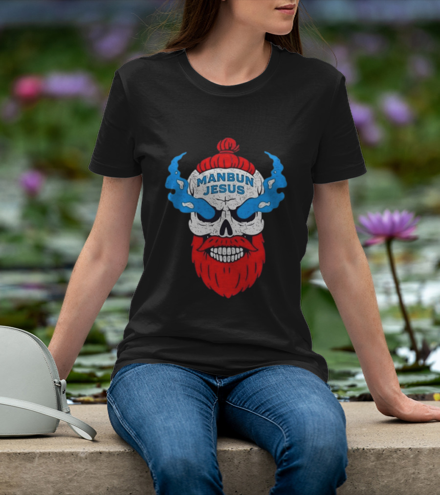 Manbun Jesus Skull Blue Flames Red Beard T-Shirt