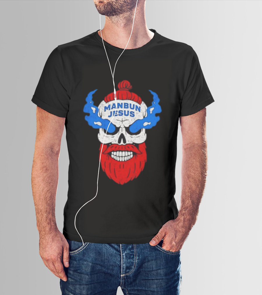 Manbun Jesus Skull Flame Beard Retro Stone Man Cold Bun T-Shirt