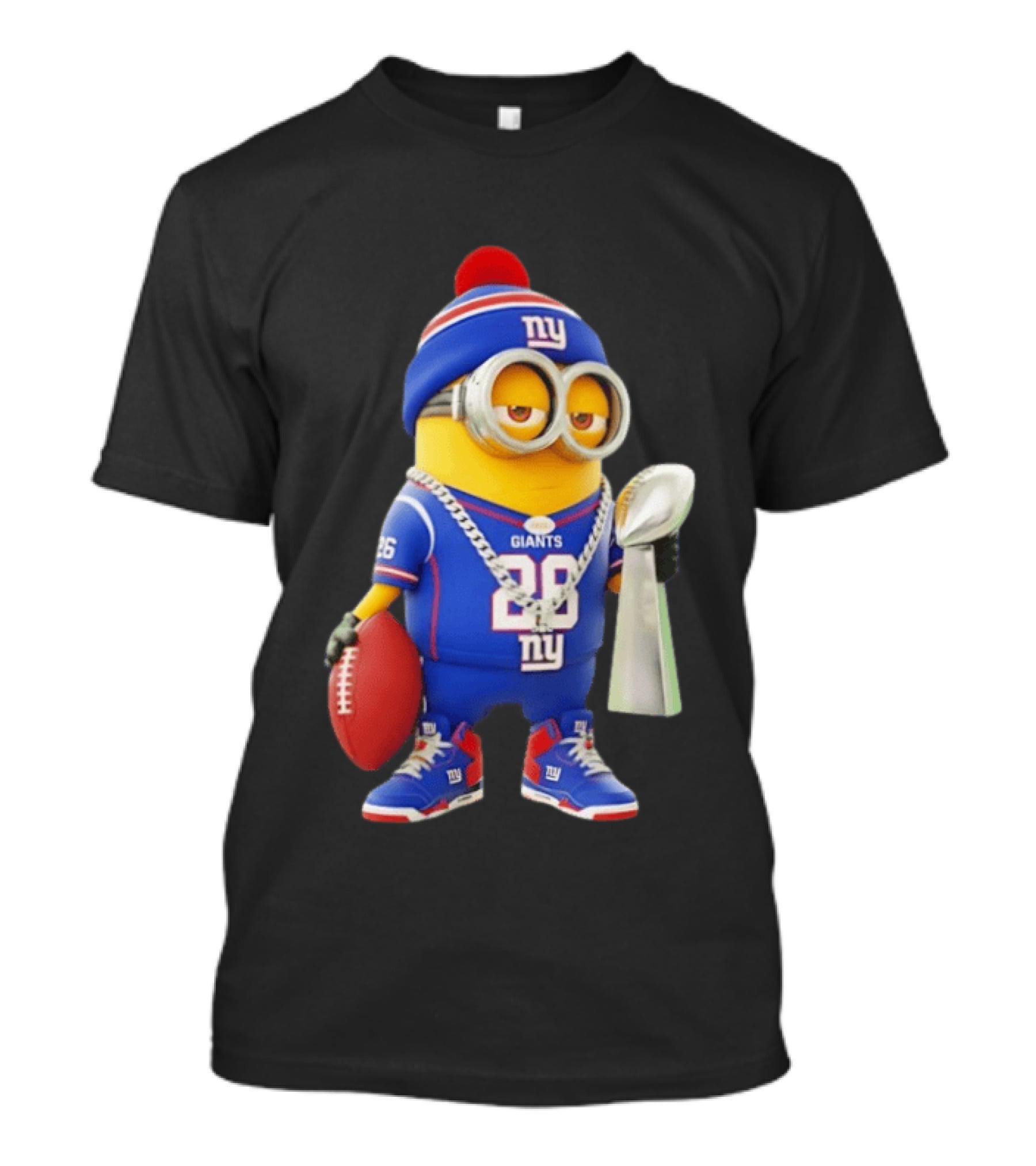 Minion In New York Giants Jersey With Football Trophy And Beanie T-Shirt