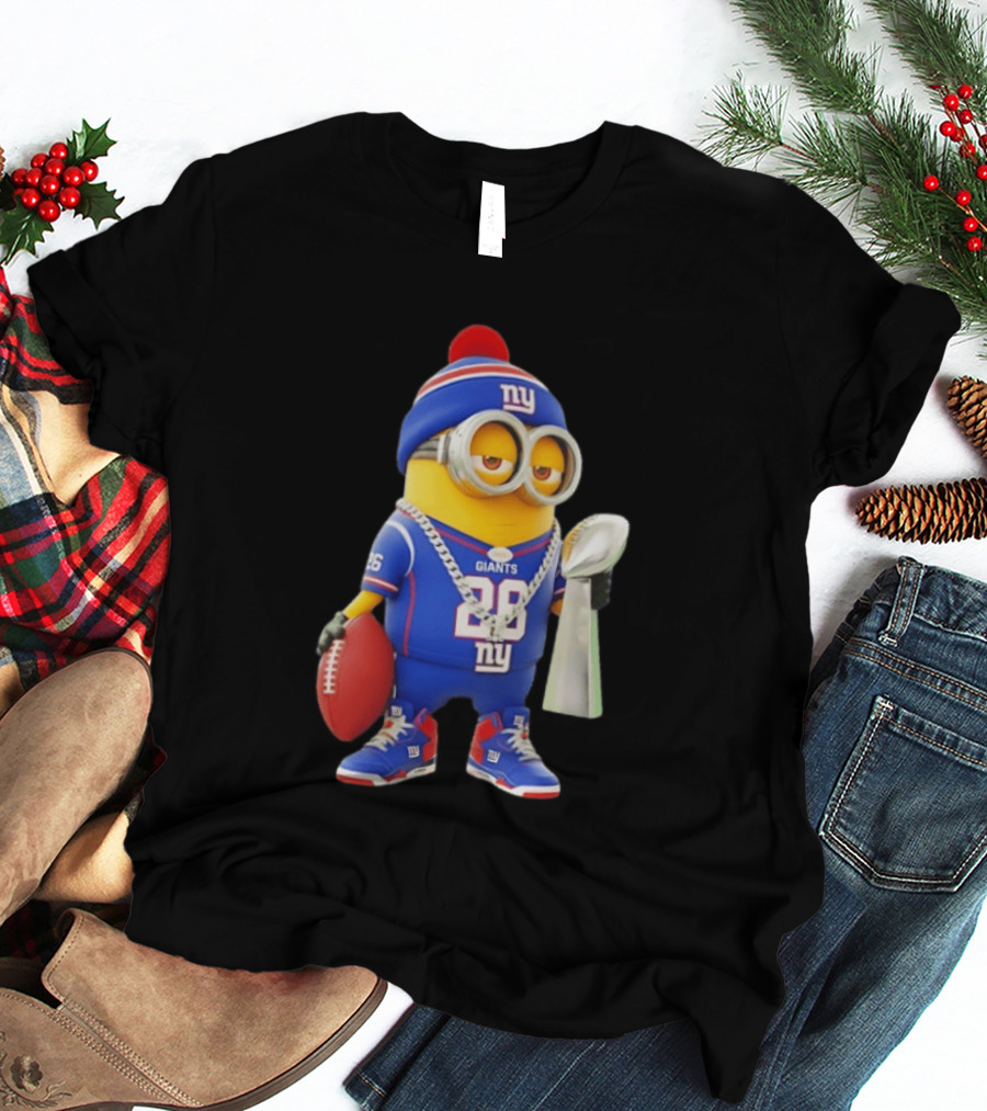 Minion In New York Giants Jersey With Football Trophy And Beanie T-Shirt
