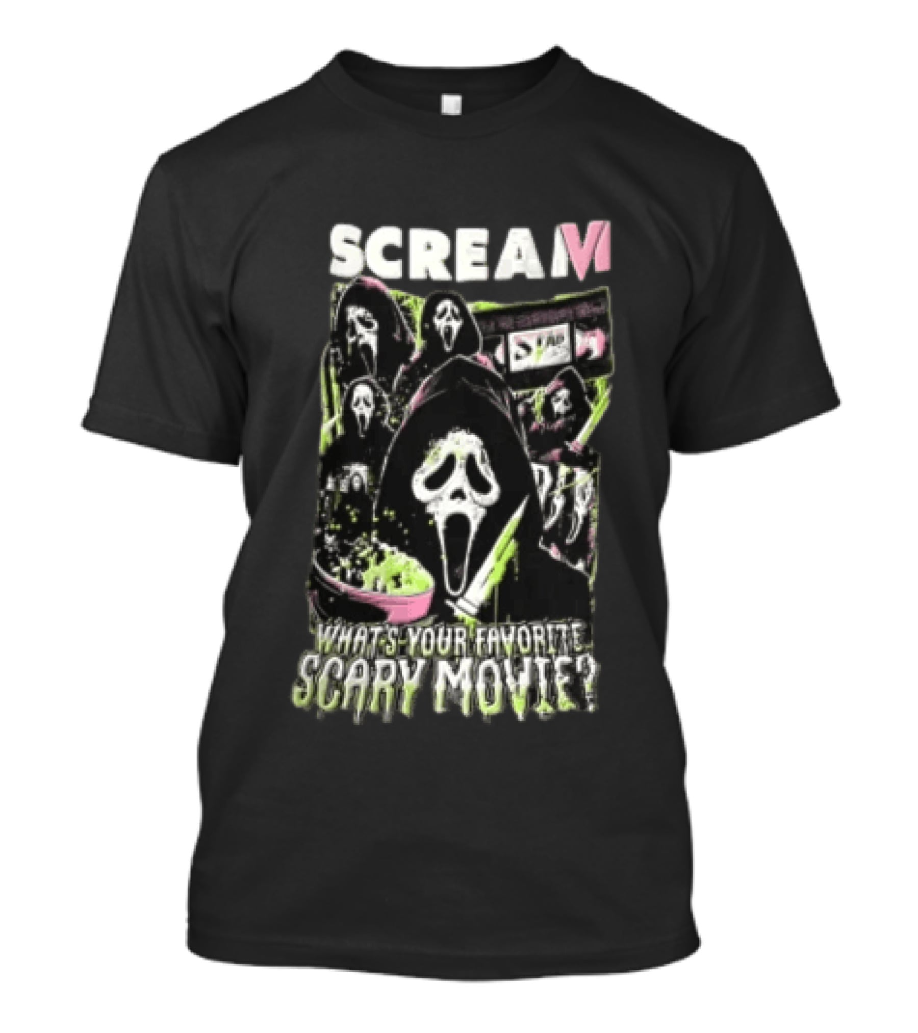 Scream VI What's Your Favorite Scary Movie Ghostface Masks Holding Knife Popcorn T-Shirt
