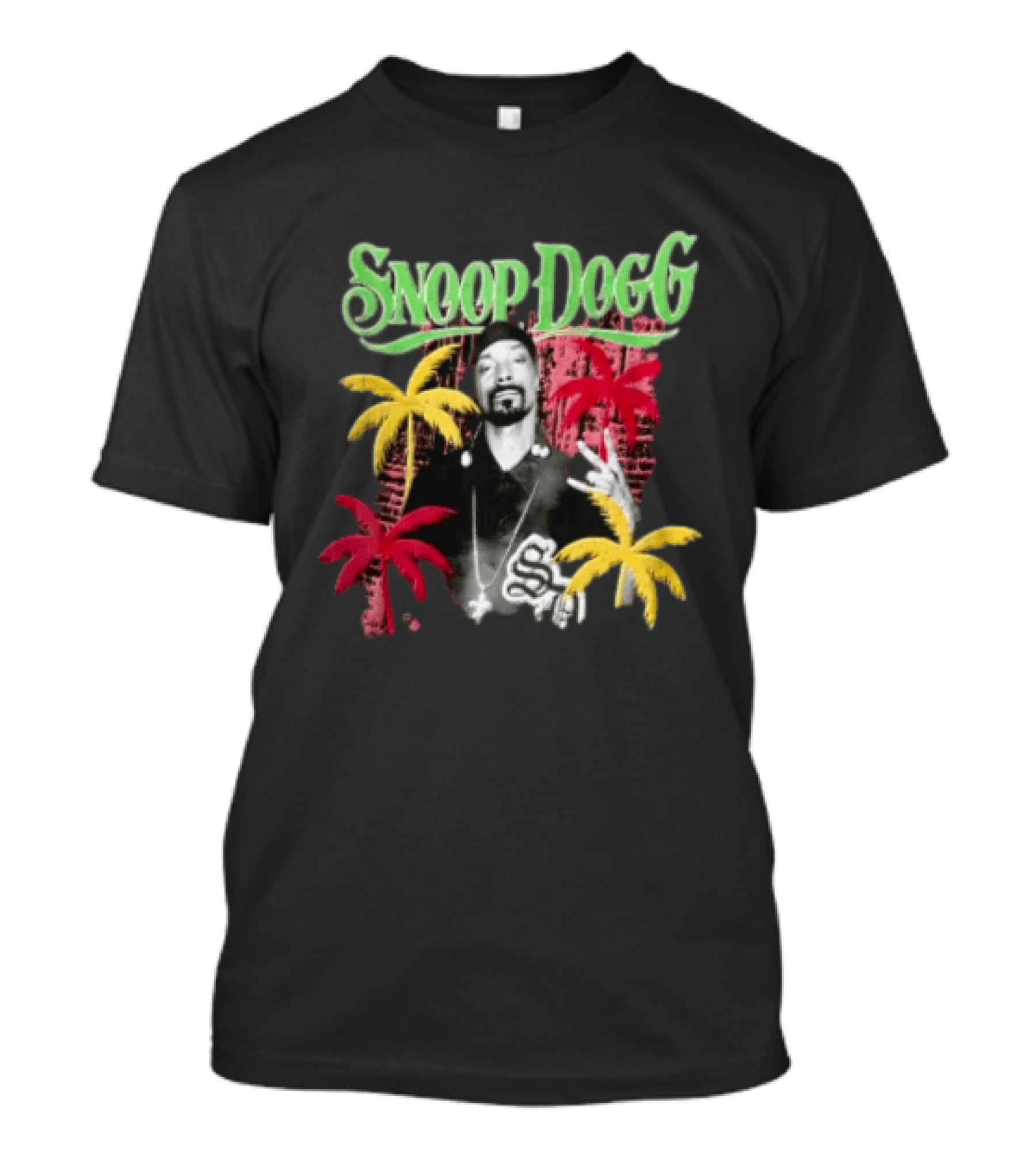Snoop Dogg Palm Trees Gesture Black And White Portrait With Red And Yellow Palm Trees T-Shirt